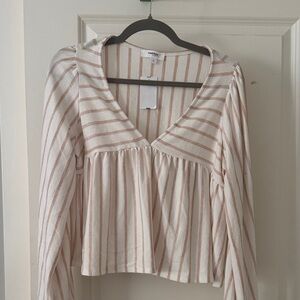 Forever 21 Pink and White Striped V-Neck Blouse
